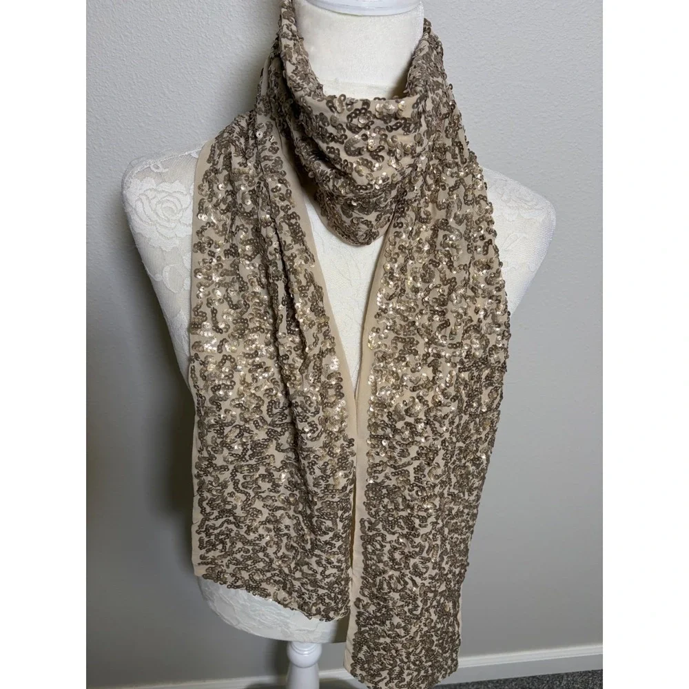 Vintage Beige Silk Champagne  Sequin Rectangle Scarf~70